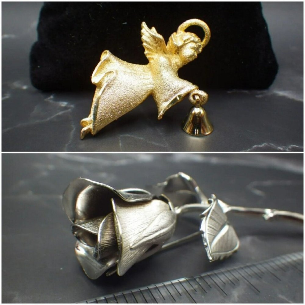 Gold Angel & Silver Rose Pin Set of TWO Broochs Made in USA Signed Vintage